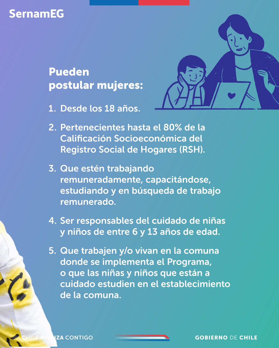 SernamEGChile's tweet photo. 📌 Recuerda que están abiertas las postulaciones para el Programa 4 a 7. 

👉¿Quieres postular? Conoce aquí los requisitos

Infórmate en 📲 https://t.co/VB7ZONr9dm
¡No te quedes fuera! 💜

#SernamEGAvanzaConTodas https://t.co/ZxIP1o4py6