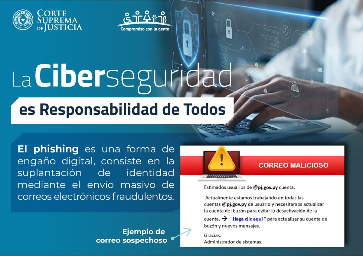 PoderJudicialPY's tweet photo. #Ciberseguridad
#ResponsabilidadDeTodos
#JusticiaPY
🔴Con el fin de concienciar a los magistrados, funcionarios, abogados y auxiliares de justicia sobre la importancia de la ciberseguridad y proporcionarles las herramientas y conocimientos necesarios para identificar y mitigar los riesgos informáticos; la Corte Suprema de Justicia lleva adelante la Campaña de Concienciación “La Ciberseguridad es responsabilidad de todos”, aprobada el 30 de setiembre de 2025 por Acta N° 41 del Consejo de Superintendencia.
🔗Info https://t.co/OAoAAhzpqj