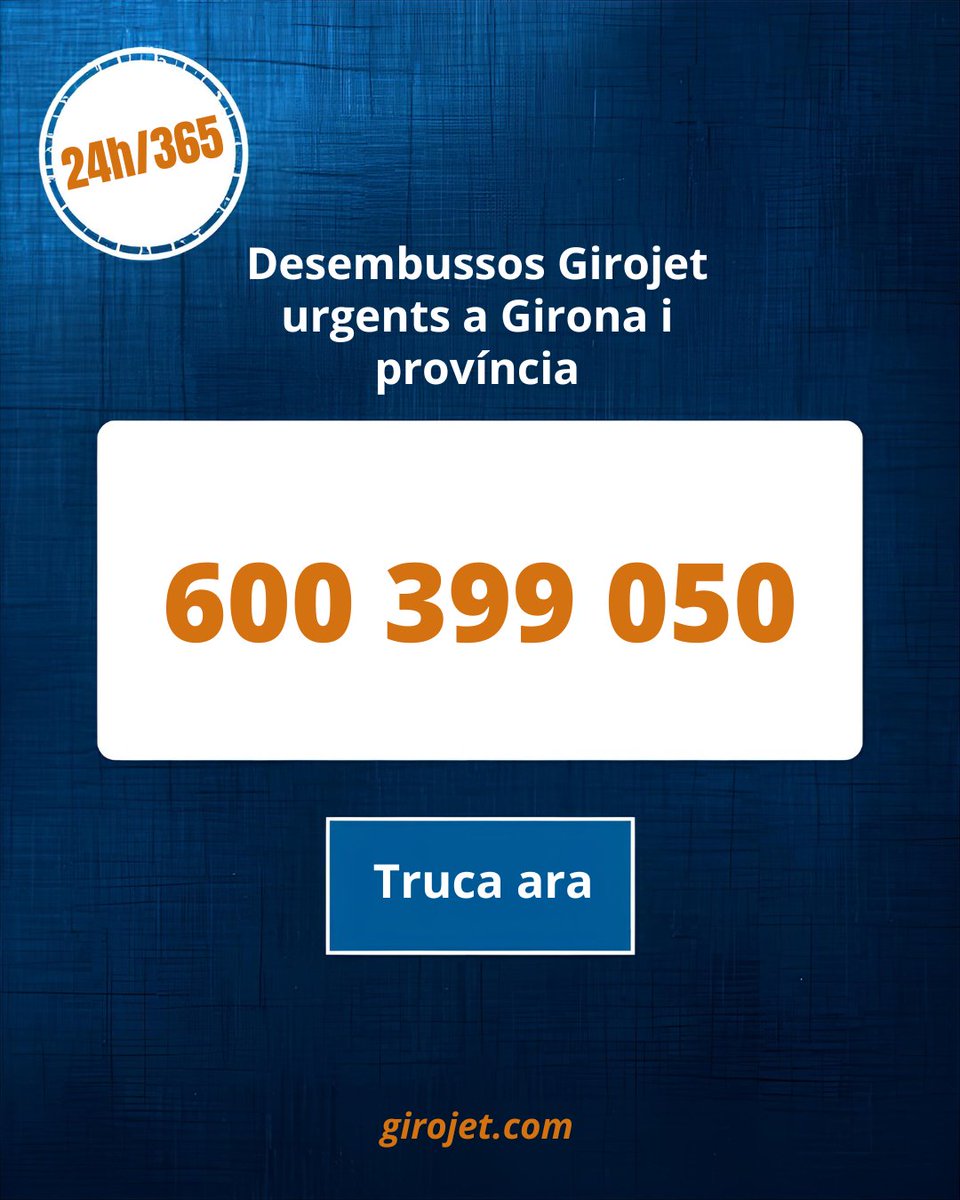 Girojetgirona's tweet image. Embús a la comunitat o al negoci? A Girojet estem al teu servei 24h / 365 a #Girona i província per actuar ràpid i evitar que el problema vagi a més.
Contacte: 600 399 050 · girojet.com
#comunitats #manteniment #urgències