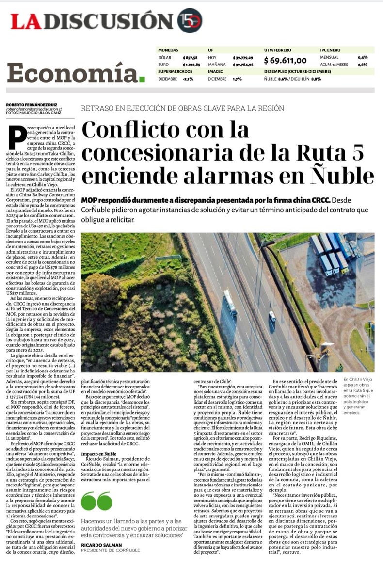La Concesión de la Ruta 5 Talca–Chillán es infraestructura estratégica para el desarrollo logístico, agrícola y turístico de Ñuble. No podemos permitir incertidumbre en una obra clave para el empleo y la competitividad regional. #Ñuble #Infraestructura #DesarrolloRegional