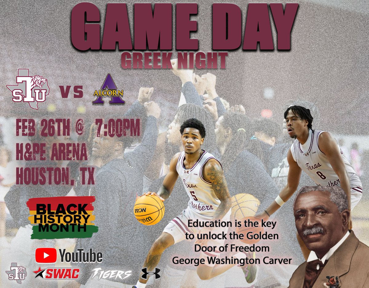 TSUMensHoops's tweet photo. GAME DAY IN HOUSTON🏀 
BLACK HISTORY MONTH

🆚 Alcorn State Braves
📍 H &amp; PE Arena
⏰ 7:00pm 
🖥 TSU Athletics youtube page  --  https://t.co/MhknWvJ62a

#TSUProud #TexasSouthernBasketball
#Gotigers #Swac #Swacbasketball #BeLegendary https://t.co/0KIlMYJgR9