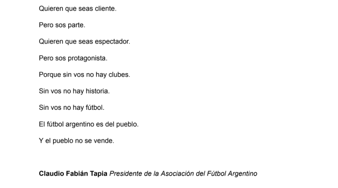Mientras a Tapia lo putean en casi todas las canchas y toma de rehén al fútbol argentino con un caprichoso e insólito paro, la AFA publica un comunicado que termina así. De verdad, no es invento.