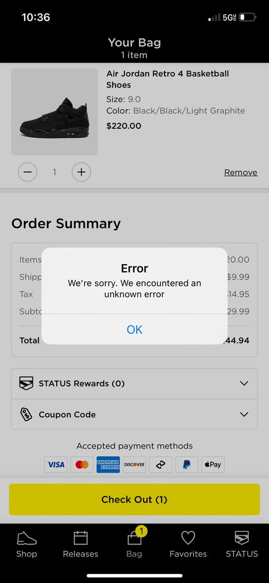 1Liberace's tweet photo. @jdsportsus why can’t I check out? Every single time without fail. Please rectify your app releases when it comes to highly anticipated releases. I just wanna buy the shoe smh @jdsportsus https://t.co/MITdkN6G8z