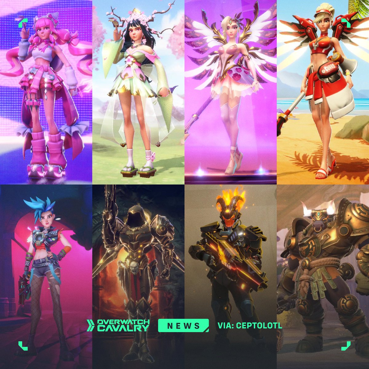 OWCavalry's tweet photo. Closer Look at New #Overwatch Rush Legendary Skins 📱

Featuring Kiriko, Mercy, Tracer, Pharah, Soldier: 76, and Reinhardt.

Which one is your favorite? 💭 https://t.co/hFaraehmwe