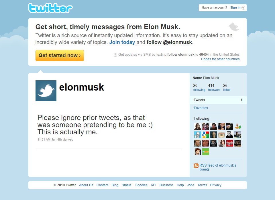 WebDesignMuseum's tweet image. First authentic tweet by Elon Musk from June 4, 2010.

#InternetHistory