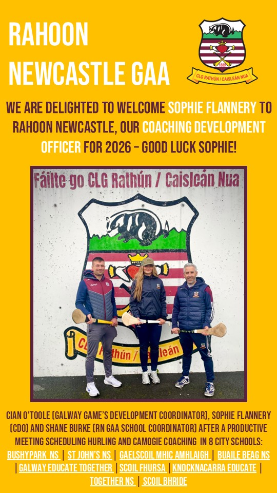 RahoonNcGaa's tweet photo. A Huge Rahoon Welcome for Sophie Flannery!

We are delighted to welcome Sophie Flannery to Rahoon Newcastle as our new Coaching Development Officer for 2026! 🤝

Sophie has already been busy hitting the ground running! She recently met with Cian O'Toole (Galway GDA) and Shane Burke (RN GAA Schools Coordinator) to finalize an exciting coaching schedule for the year ahead.

🏆 8 City Schools - Hurling & Camogie Coaching:
We are thrilled to be bringing our games to the following schools this year:
📍 Bushypark NS
📍 St. John’s NS
📍 Gaelscoil Mhic Amhlaigh
📍 Buaile Beag NS
📍 Galway Educate Together
📍 Scoil Fhursa
📍 Knocknacarra Educate Together NS
📍 Scoil Bhríde

This is a massive step forward for our youth development and the future of our club. 🪵✨

Best of luck in the new role, Sophie! We are all behind you. 👏