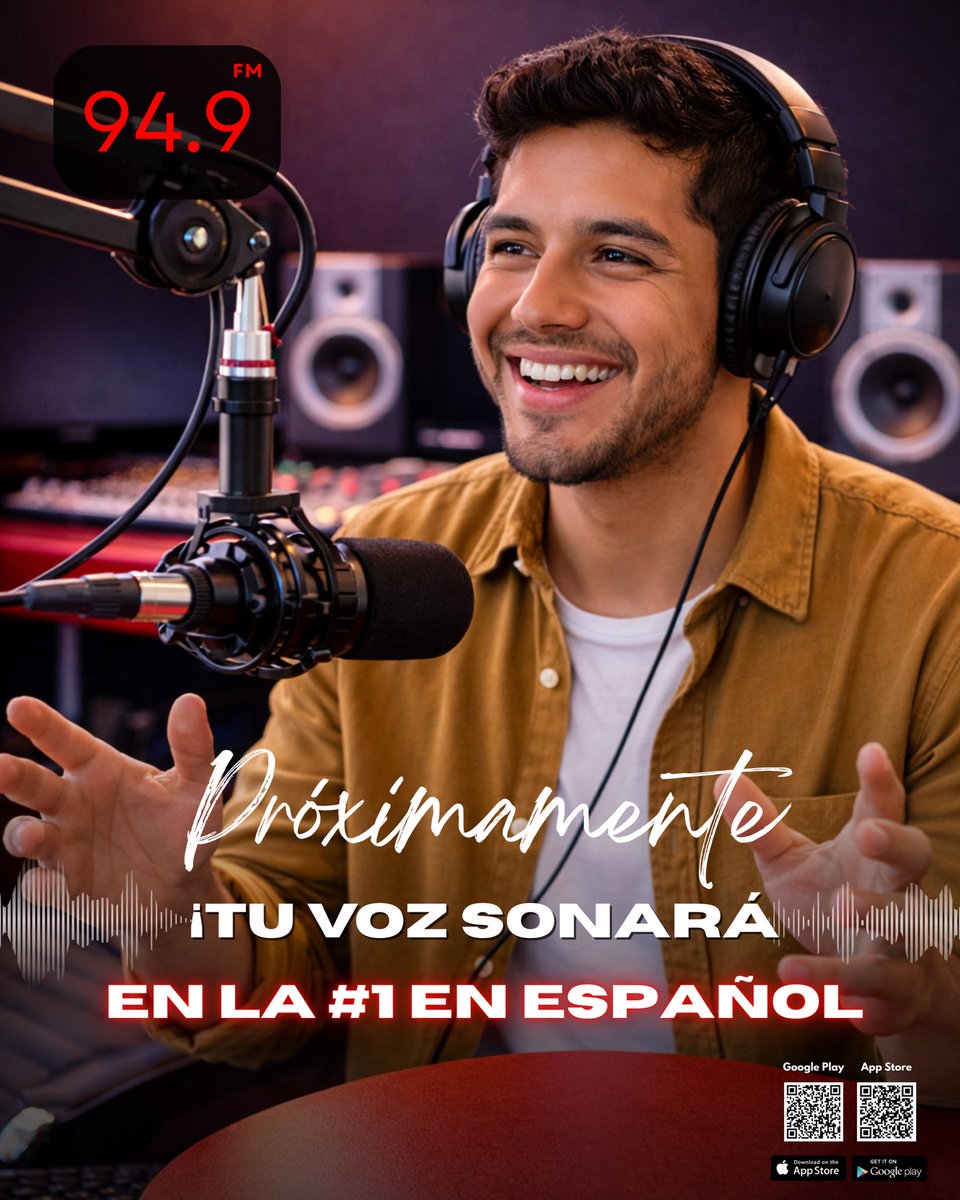 🎙️ Próximamente tu voz sonará en la #1 en español.

Prepárate para escuchar locutores en vivo, más compañía, más historias y los hits de siempre en la #1 en español 📻✨

Qué te gustaría que nunca falte en nuestros programas, te leemos 👇

#949fm #LaNumero1EnEspañol #MuyPronto