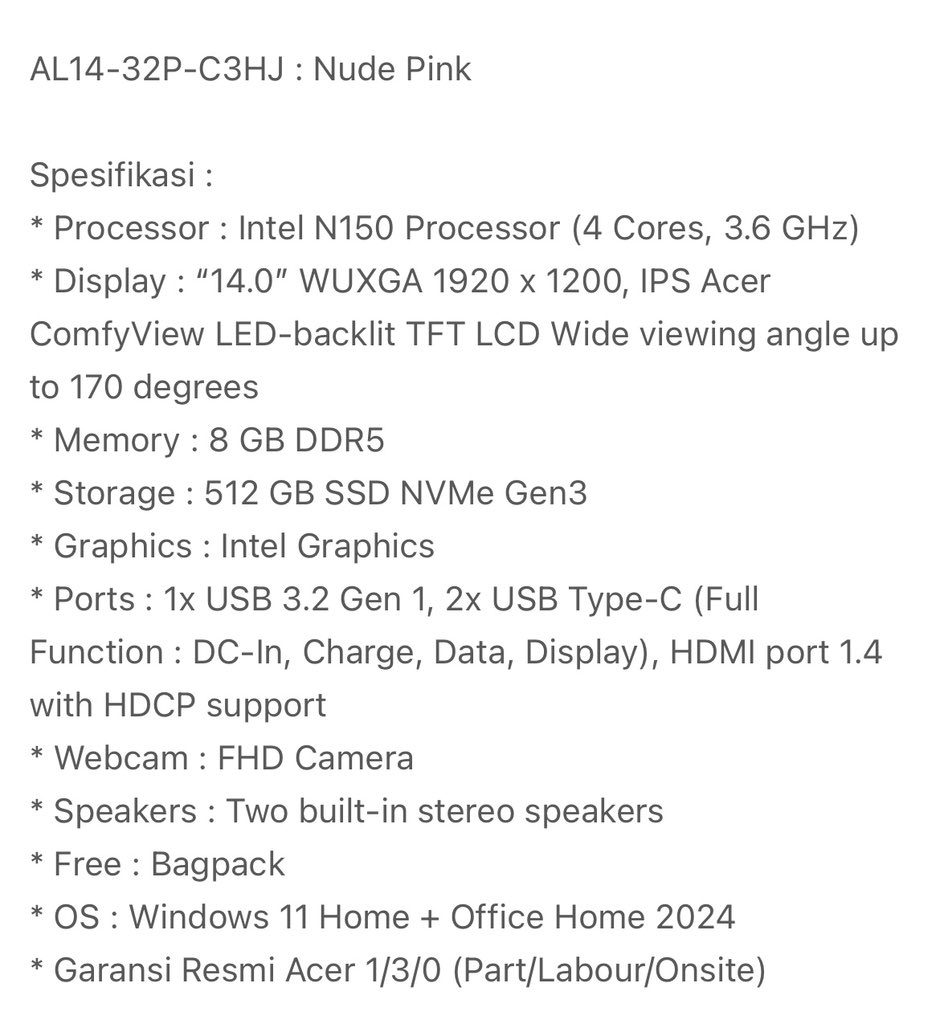creamycus's tweet photo. WTS LAPTOP ACER LITE AL14-32P-C3HJ 8 GB/512 GB
 
Jual ; 4,5 jt 
Harga Baru ; 6 jt
Location ; Cimahi, Bandung
Warna ; Nude Pink
Kondisi ; Second like New
Spesifikasi ; Terlampir di Gambar https://t.co/m6fNPnXREG
