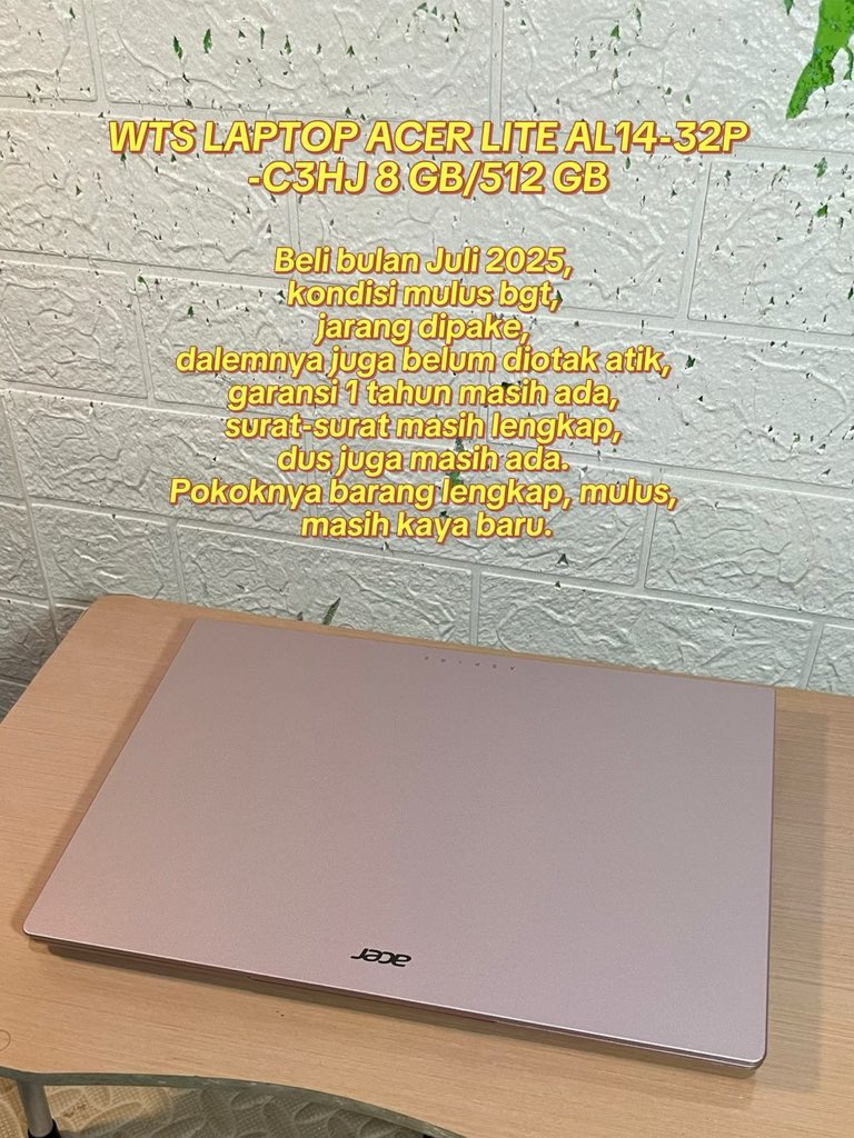 creamycus's tweet photo. WTS LAPTOP ACER LITE AL14-32P-C3HJ 8 GB/512 GB
 
Jual ; 4,5 jt 
Harga Baru ; 6 jt
Location ; Cimahi, Bandung
Warna ; Nude Pink
Kondisi ; Second like New
Spesifikasi ; Terlampir di Gambar https://t.co/m6fNPnXREG