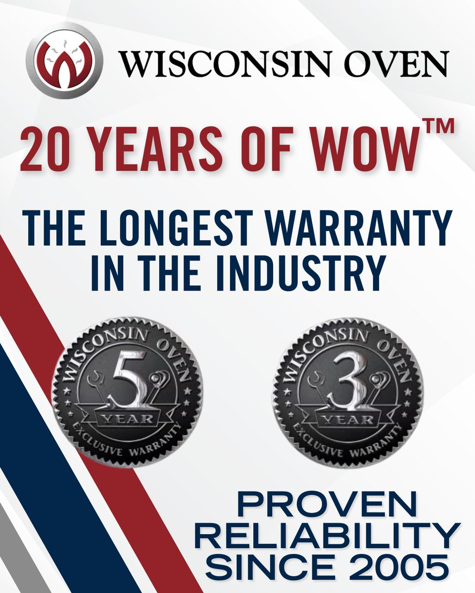 WisconsinOven's tweet photo. 🎉 Celebrating 20 Years of WOW™!
The Wisconsin Oven WOW™ Warranty has delivered unmatched peace of mind with the industry's longest coverage. We are proud to set the gold standard for reliability and customer confidence in the industrial oven industry. https://t.co/XypcW5j4Vg https://t.co/z4WtozY1RC