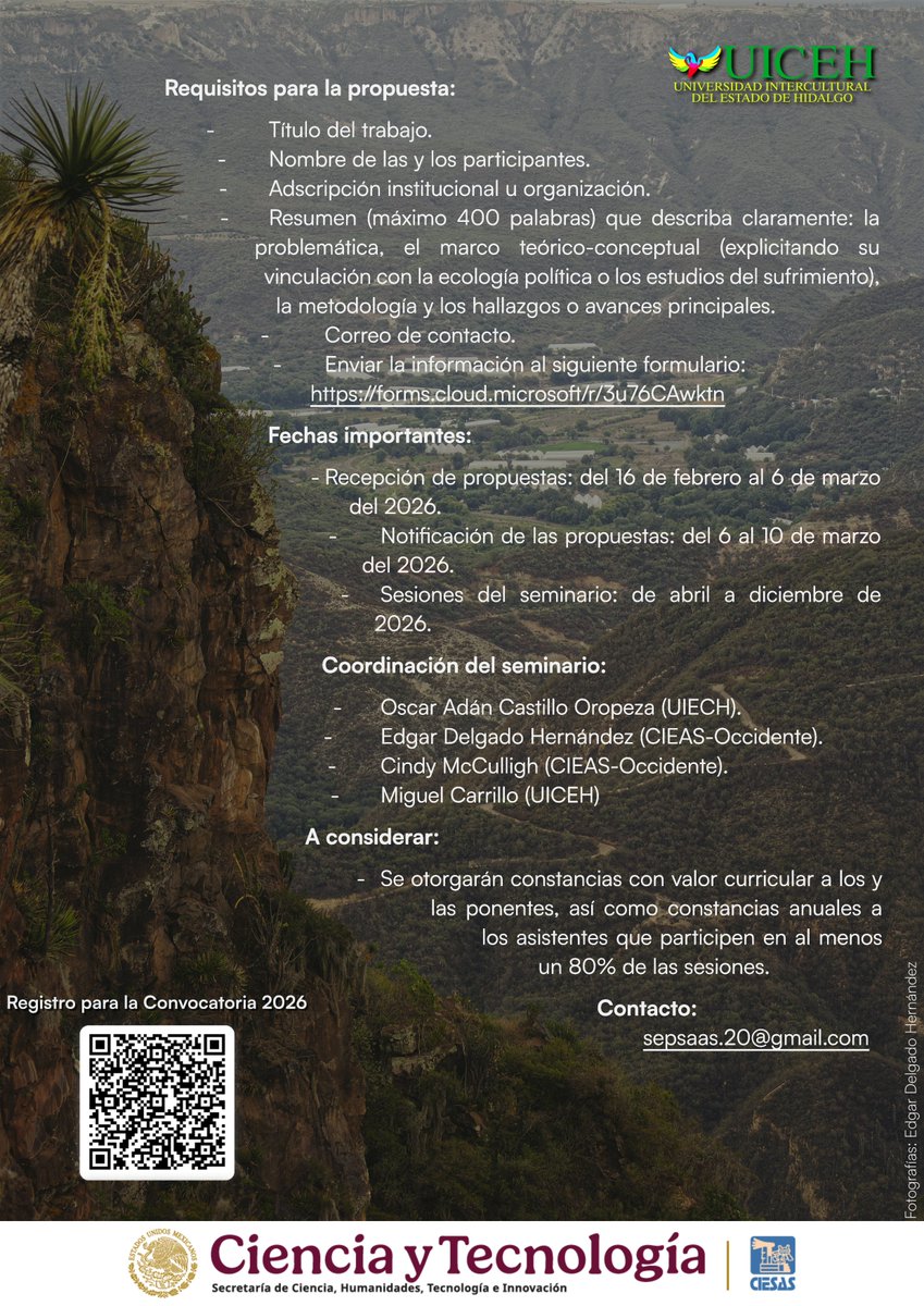 #ConvocatoriaAbierta
<a href="/sepssap/">SEPSSAP</a> convoca a presentar avances o resultados de investigación en la producción social del sufrimiento socioambiental y las expresiones del sufrimiento socioambiental desde una perspectiva de ecología política.
📨 16 de febrero al 6 de marzo de 2026.