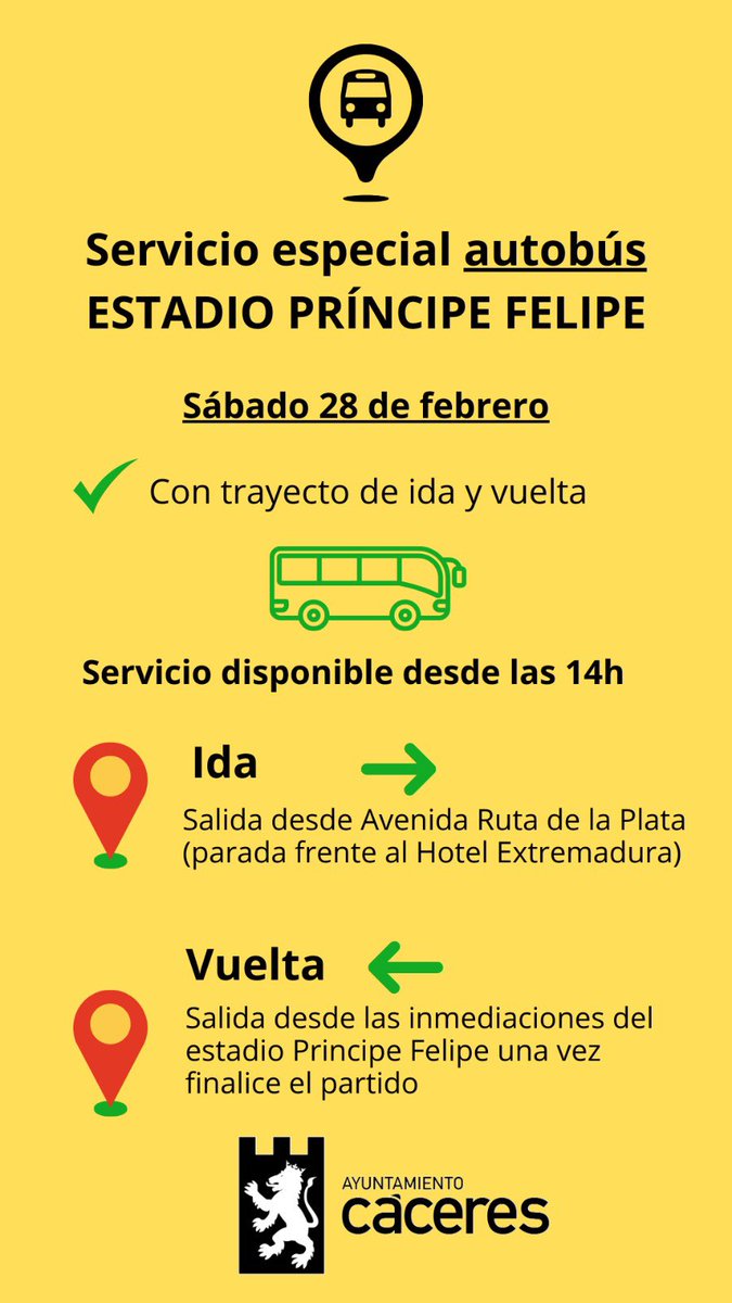 Super sábado deportivo:

 🚌 Servicio especial de autobús al estadio Príncipe Felipe para el partido del Cacereño. 

Así se mejorará la movilidad ante la gran afluencia de público que se espera en la ciudad al coincidir con el Campeonato de España de Duatlón