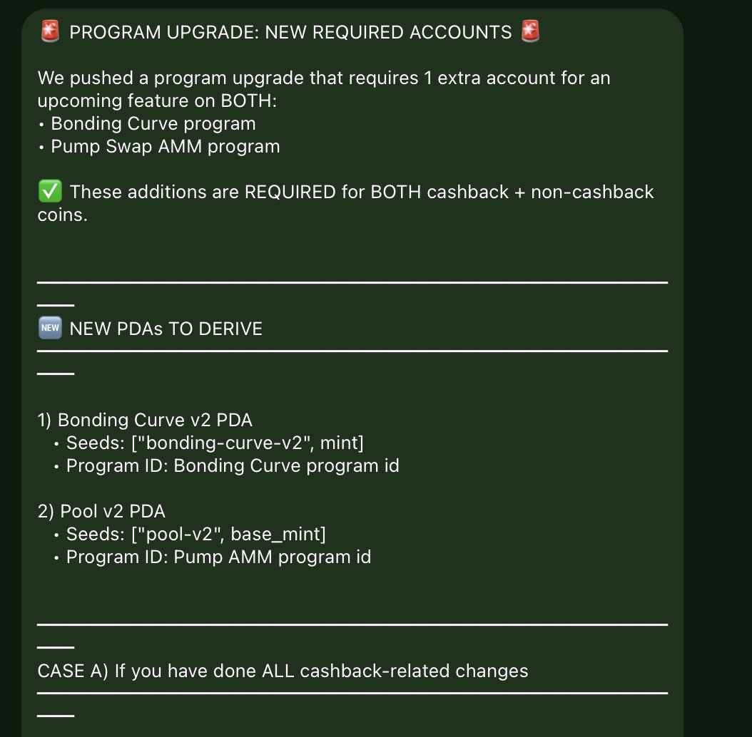 There is currently an active update on <a href="/Pumpfun/">Pump.fun</a> . Terminal (<a href="/TradingTerminal/">Terminal</a> ) has adapted to it, but since other platforms are involved, they have published such a notice.

Orquestra is exactly solving this :D 

One IDL can rule them all.

- IDL api
- PDA api 
- llms.txt