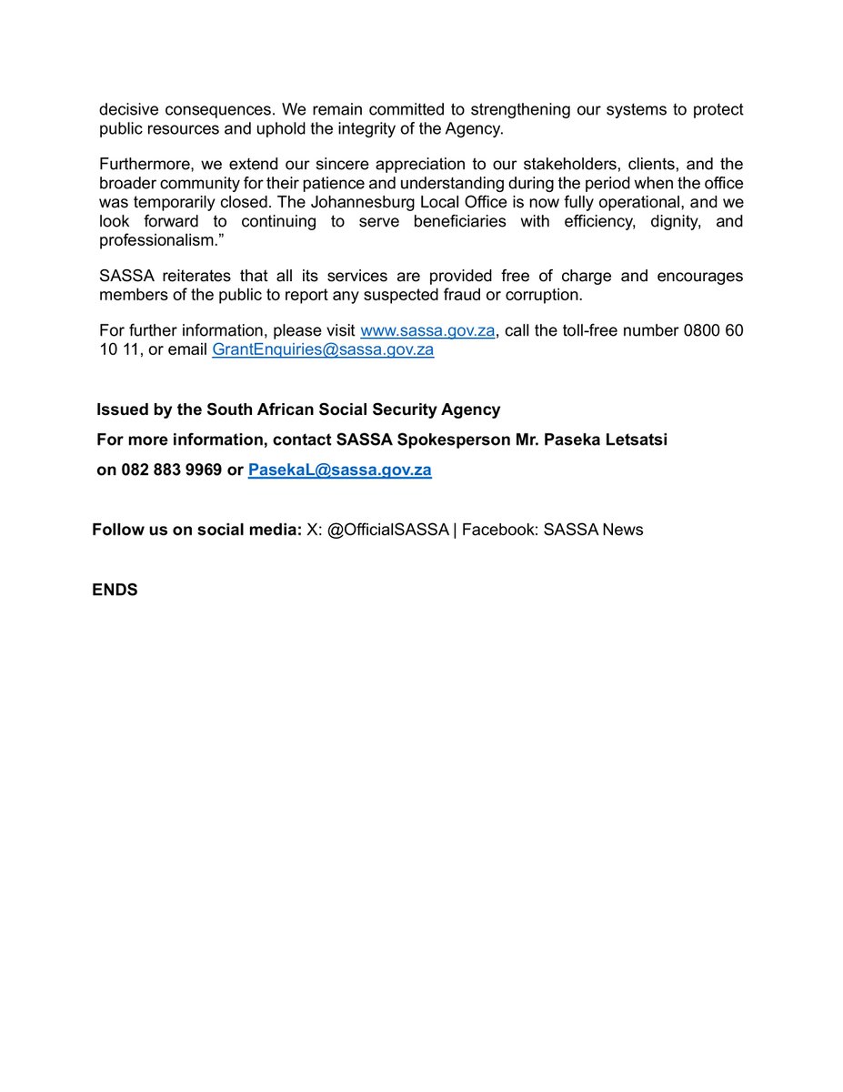 MEDIA STATEMENT| SASSA dismisses five officials implicated in fraud case as Johannesburg local office re-opens