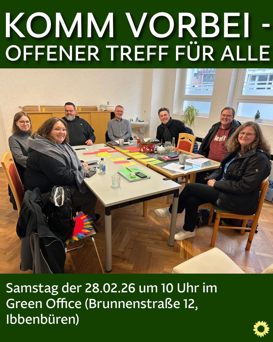 𝐊𝐨𝐦𝐦 𝐳𝐮 𝐮𝐧𝐬𝐞𝐫𝐞𝐦 𝐨𝐟𝐟𝐞𝐧𝐞𝐧 𝐓𝐫𝐞𝐟𝐟 🙂

und diskutier mit uns über die aktuellen Themen in Ibbenbüren, die dich beschäftigen.

Am 28.02.26 ab 10 Uhr im Green Office (Brunnenstraße 12, Ibbenbüren).

Wir freuen uns auf Dich!

#ibbenbueren #grueneibb #offenerTreff