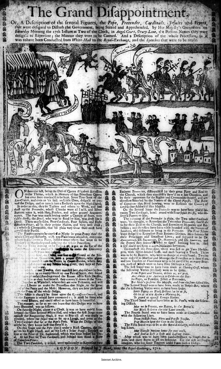 SueCooperBridge's tweet photo. ##HistoryNotes
1711 leaflet of an anti-Catholic, anti-government procession planned to occur on 17 Nov. the anniversary of #QueenElizabethI’s accession & to conclude with burning of the effigies, but which were seized by Grenadiers. Interesting to see #Whig #KitCatClub mentioned. https://t.co/U6qBbGBPFB