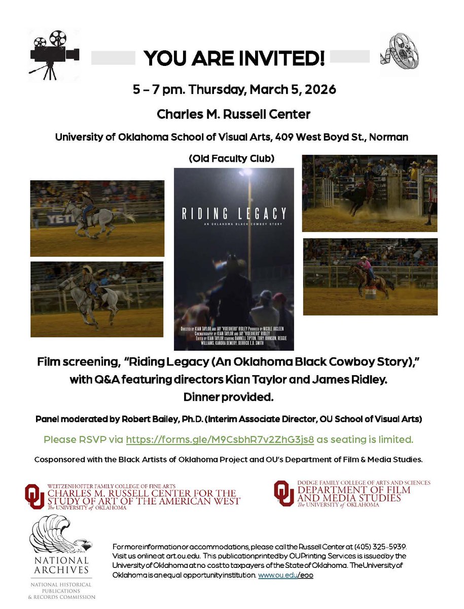 CMRUSSELLCENTER's tweet photo. Mar 5, 5-7 PM – film screening, “Riding Legacy (An Oklahoma Black Cowboy Story),” w/ Q&amp;A feat. directors Kian Taylor &amp; James Ridley, dinner provided (cosponsored with the Black Artists of Oklahoma Project &amp; OU’s Department of Film &amp; Media Studies) RSVP via https://t.co/uj8u6JMksu https://t.co/faPvC9IKLy