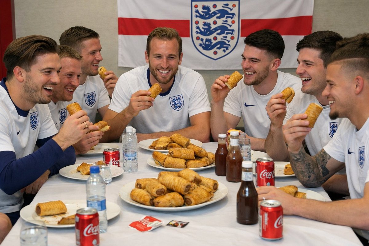softned's tweet photo. Not to be outdone by President Trump. Keir Starmer invited the England football team to Downing street and gave them Greggs sausage rolls,hp sauce and cans of coke. https://t.co/2JRfz4Dw0P