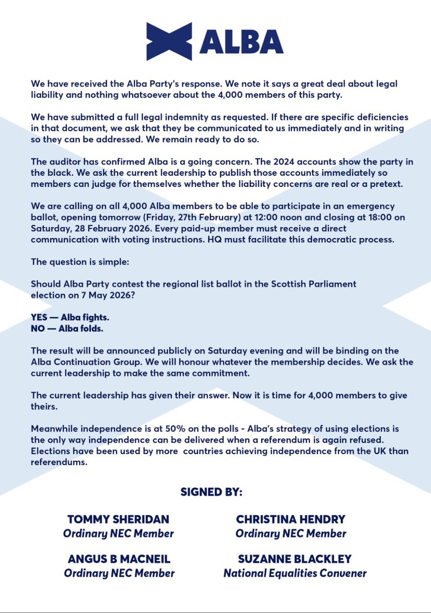 ALBAEastLothian's tweet photo. A statement from those hoping to keep ALBA alive and contesting the Scottish Parliament elections in May. 

For members, if the current leadership agrees to run the ballot, then please check your emails tomorrow, Friday the 27th of February for an email calling for a vote. https://t.co/R8GFtTzBKK