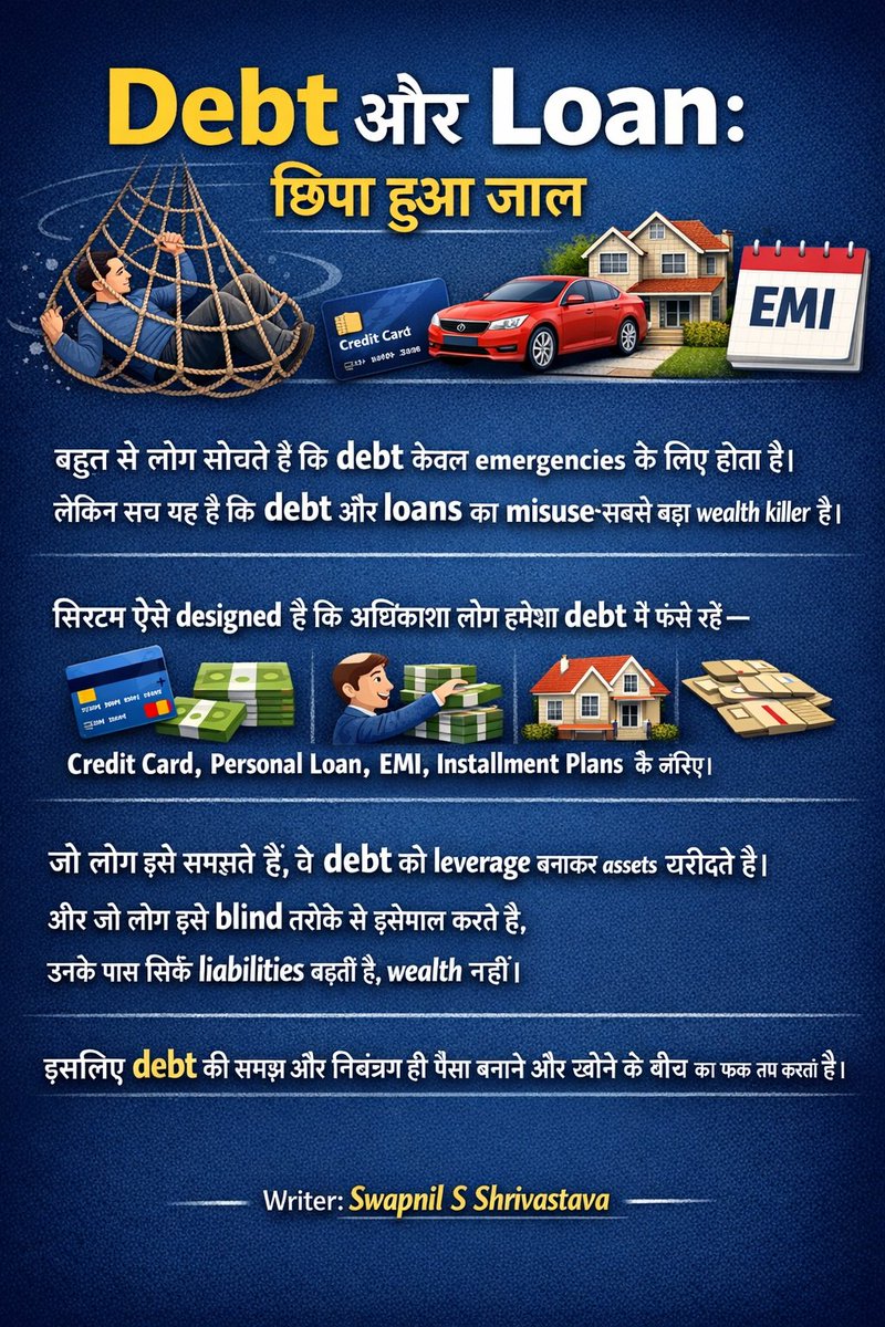 Post -04
Debt और Loan: छिपा हुआ जाल

बहुत से लोग सोचते हैं कि debt केवल emergencies के लिए होता है।
लेकिन सच यह है कि debt और loans का misuse सबसे बड़ा wealth killer है।

सिस्टम ऐसे designed है कि अधिकांश लोग हमेशा debt में फँसे रहें—
credit card, personal loan, EMI, installment