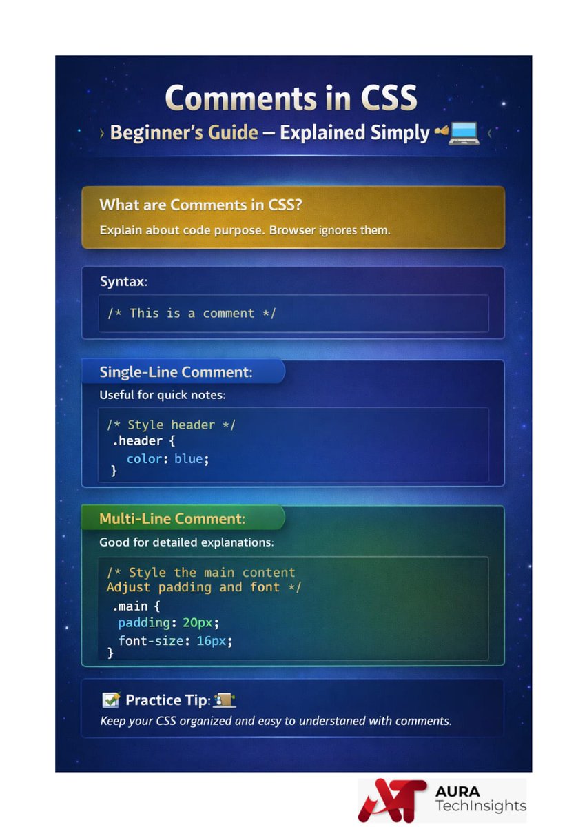Auratechno72007's tweet photo. How to Use Comments in CSS (Beginner Friendly
...........
#CSS #CSSComments #WebDevelopment #FrontendDeveloper #LearnCSS #CodingLife #HTMLCSS #ProgrammerLife #CodeNewbie #WebDesign #DeveloperTips #TechIndia #CodingReels #AuraShorts https://t.co/7eoNteySte
