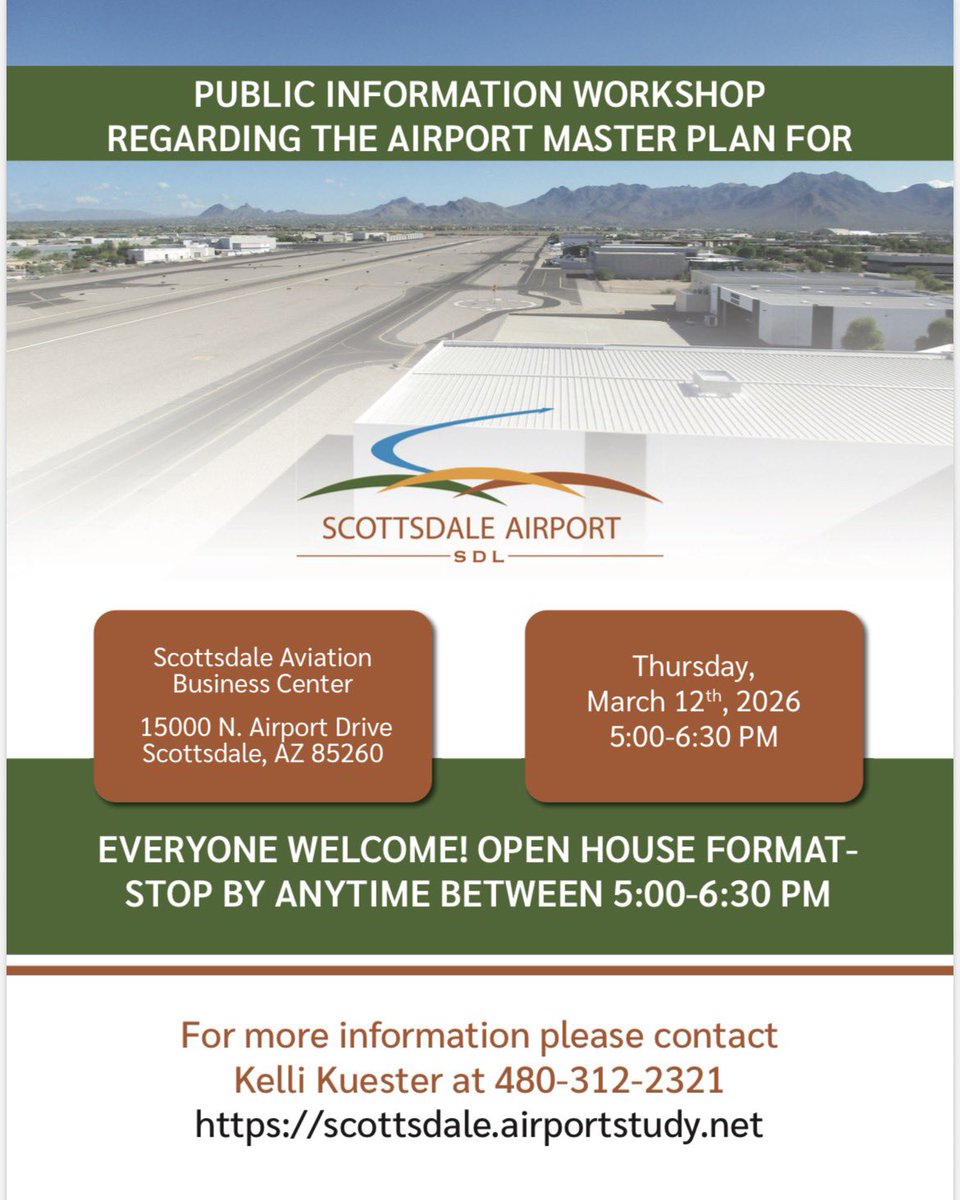 Scottsdale Airport is hosting its final Master Plan workshop on Thursday, March 12, 5 - 6:30 p.m. 

Drop in at the Aviation Business Center to review the recommended plan and chat with the project team.

📍Aviation Business Center, 15000 N. Airport Drive

📝 Open-house format