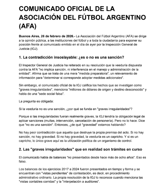 221radio's tweet photo. #221Radio | #AFA #Deportes 

📄Nuevo comunicado de la @afa en rechazo a la veeduría dispuesta por la IGJ: "No se trata de controlar una asociación civil, sino de ejecutar una política pública que busca imponer las Sociedades Anónimas Deportivas (SAD) a través del debilitamiento institucional de la AFA, la principal defensora del modelo de clubes sociales", expresaron

➡️Además, el documento afirma que se harán las presentaciones judiciales correspondientes "para que esta medida sea desestimada"

📻FM 103.1