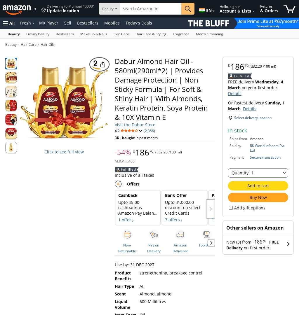 DealZille's tweet image. 🚨42% rise in telogen effluvium? Dabur Almond Hair Oil (2 × 300 ml) ₹349 MRP: ₹449. Selling fast, lowest ever. amazon.in/dp/B0B2918K5R?…  
#ad #HairCare #ClinicallyTested