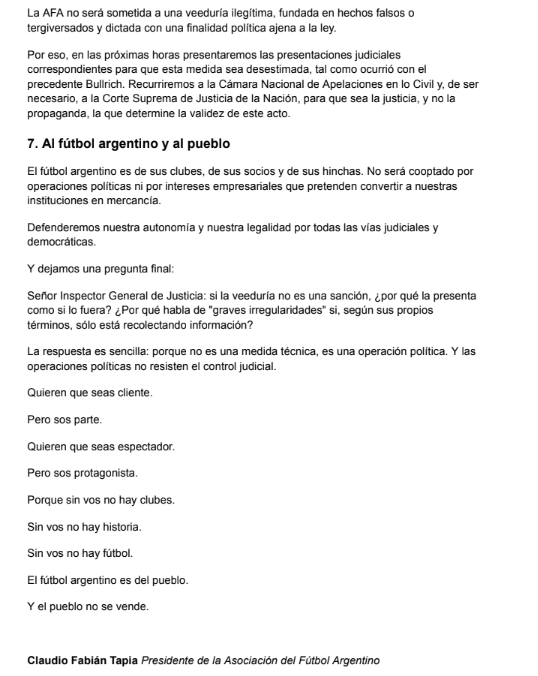 221radio's tweet photo. #221Radio | #AFA #Deportes 

📄Nuevo comunicado de la @afa en rechazo a la veeduría dispuesta por la IGJ: "No se trata de controlar una asociación civil, sino de ejecutar una política pública que busca imponer las Sociedades Anónimas Deportivas (SAD) a través del debilitamiento institucional de la AFA, la principal defensora del modelo de clubes sociales", expresaron

➡️Además, el documento afirma que se harán las presentaciones judiciales correspondientes "para que esta medida sea desestimada"

📻FM 103.1