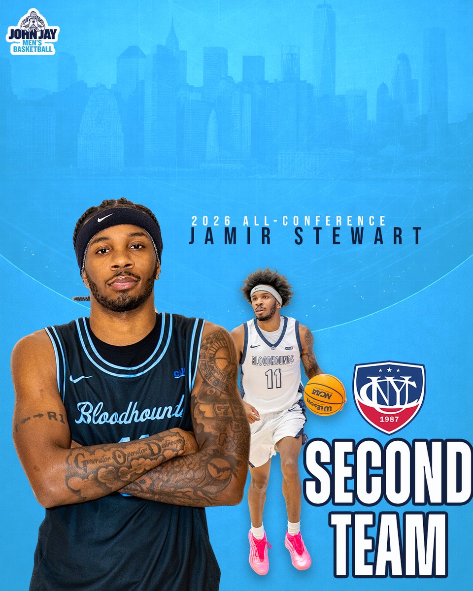 JJayAthletics's tweet photo. Congratulations to @JJCMBasketball Keyshawn Miller for being named to the @CUNYAC First Team while teammate Jamir Stewart was tabbed to the Second Team. 

Joining Miller and Stewart was Adrian Kopec, named to the Sportsmanship Team! 

#GoBloodhounds | #BloodhoundNation | #cunyac https://t.co/VRjQ3ziGWM