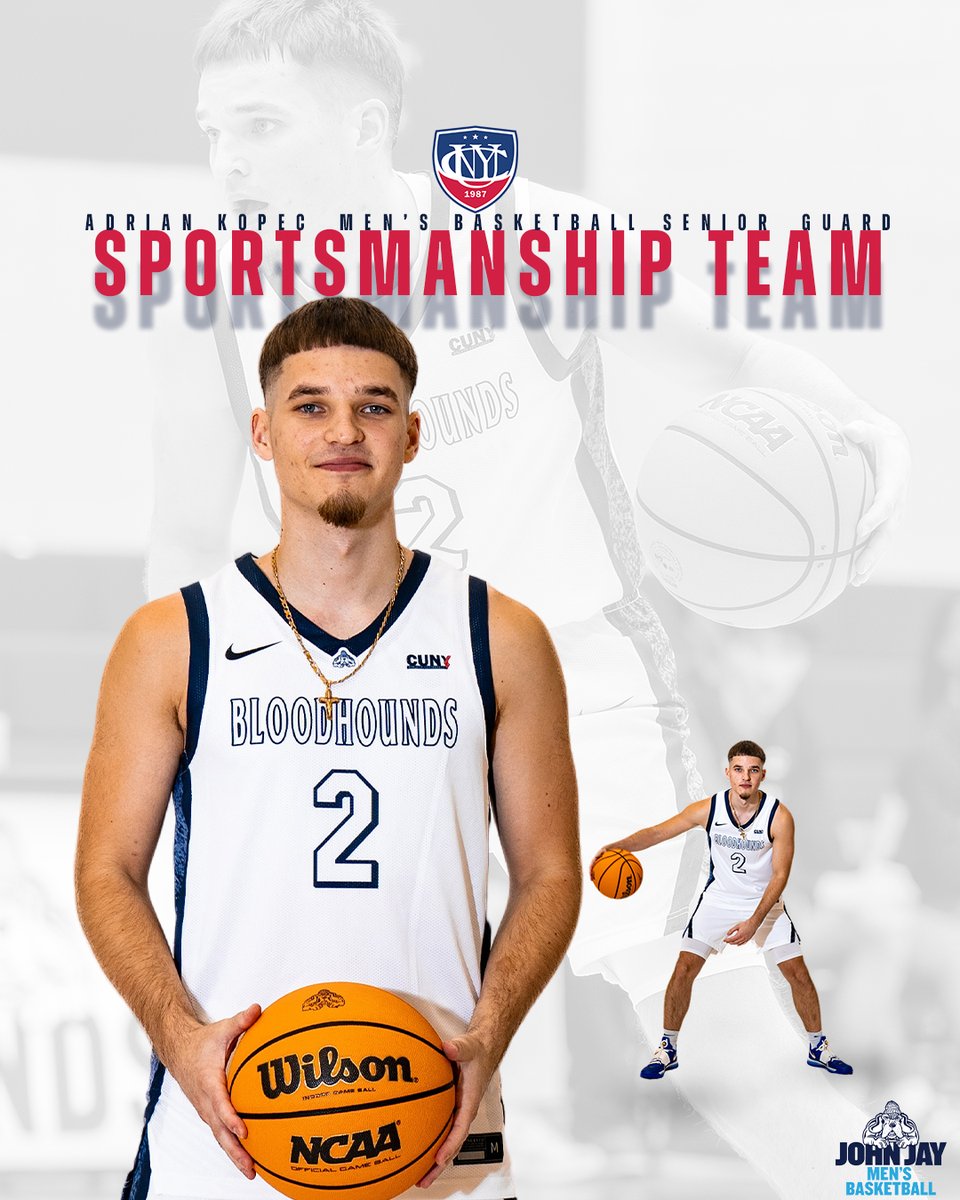 JJayAthletics's tweet photo. Congratulations to @JJCMBasketball Keyshawn Miller for being named to the @CUNYAC First Team while teammate Jamir Stewart was tabbed to the Second Team. 

Joining Miller and Stewart was Adrian Kopec, named to the Sportsmanship Team! 

#GoBloodhounds | #BloodhoundNation | #cunyac https://t.co/VRjQ3ziGWM