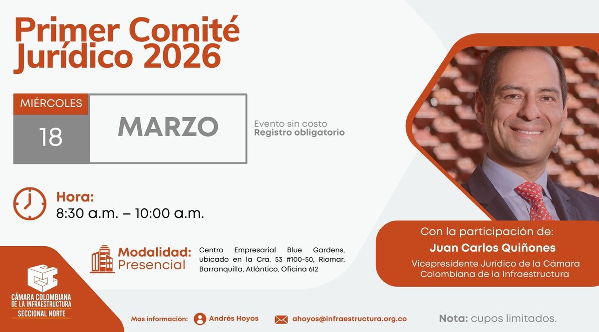 ⚖️ Primer Comité Jurídico 2026

Un espacio estratégico de articulación con firmas jurídicas de la región para analizar los principales riesgos del entorno contractual y regulatorio que impactan al sector infraestructura.