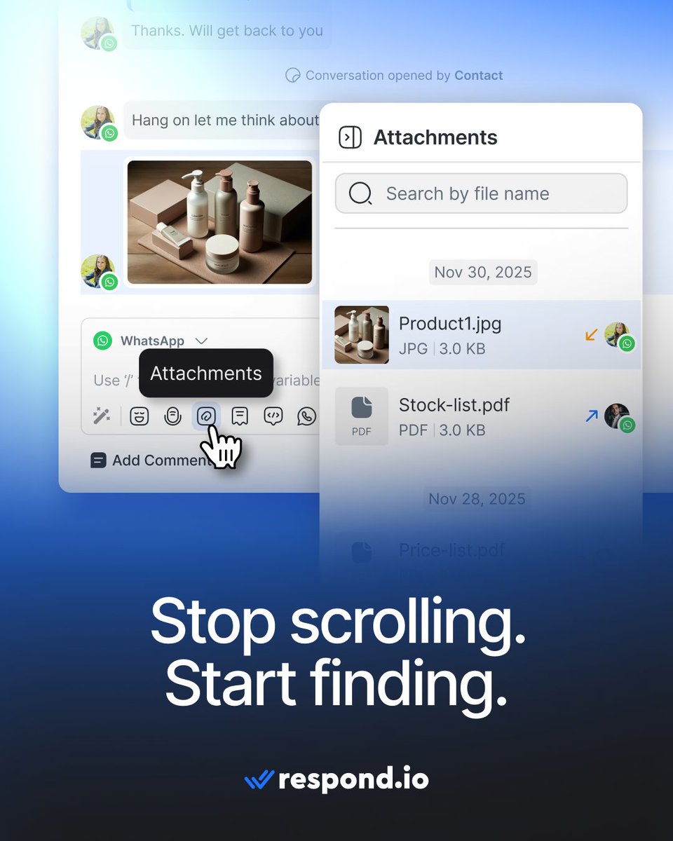 respond_io's tweet photo. Find one invoice without scrolling for days. 📂

https://t.co/qn0CnUQ1av's new Inbox files tab shows every file shared in a conversation, in one place.

🔎 Find docs fast
⚡ Reply without digging
🧠 Fewer mistakes in busy chats

Learn more: https://t.co/dPffjmNNaW https://t.co/1h3XsIxW8C
