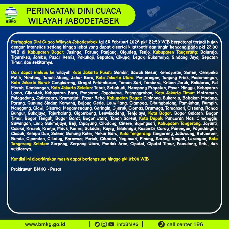 infoBMKG's tweet photo. Update Peringatan Dini Cuaca Wilayah - Jabodetabek Tgl. 26 Februari 2026 pkl. 23:00 WIB
Prakirawan - BMKG - Pusat
https://t.co/Tqqc02KowW https://t.co/7UJsXMB03U