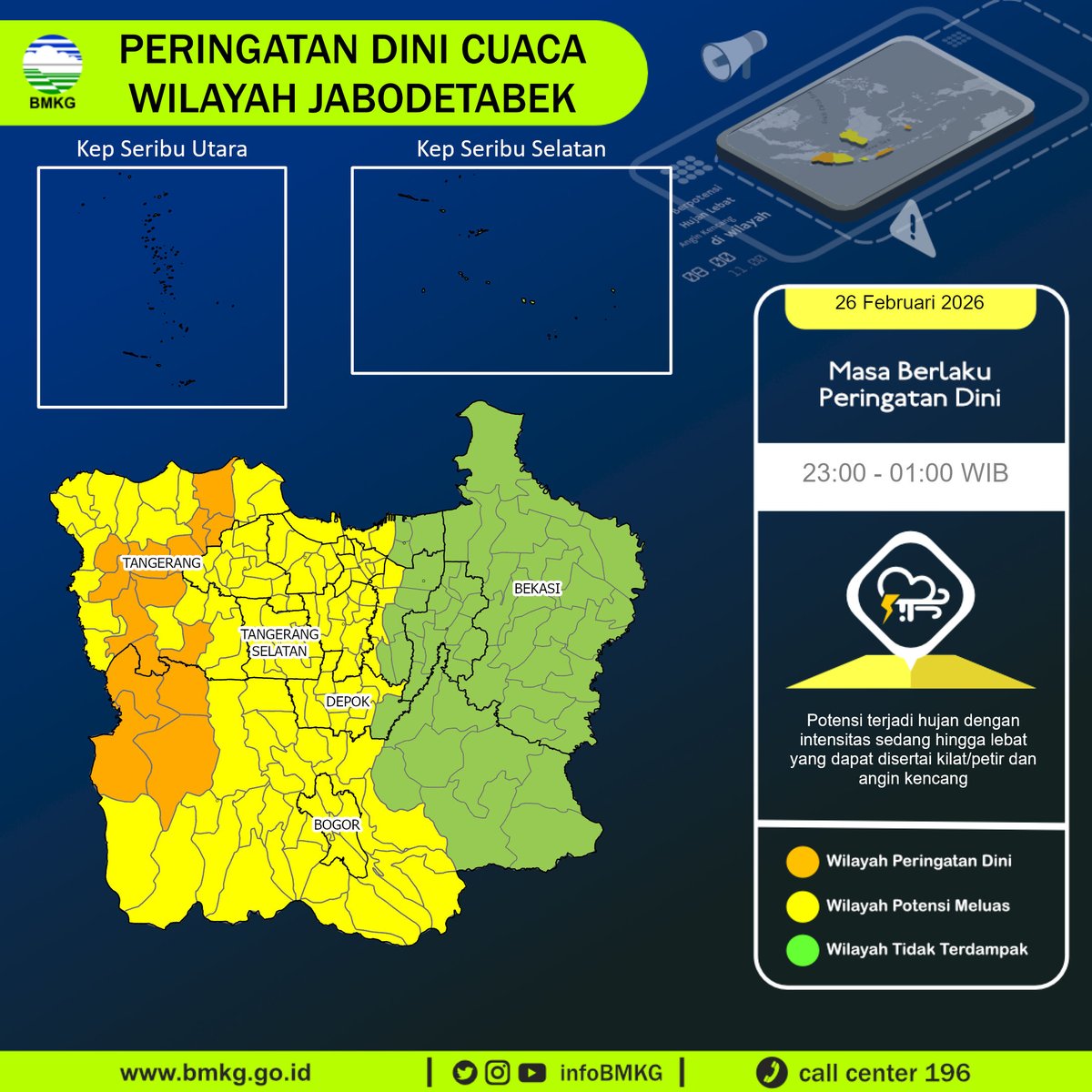 infoBMKG's tweet photo. Update Peringatan Dini Cuaca Wilayah - Jabodetabek Tgl. 26 Februari 2026 pkl. 23:00 WIB
Prakirawan - BMKG - Pusat
https://t.co/Tqqc02KowW https://t.co/7UJsXMB03U