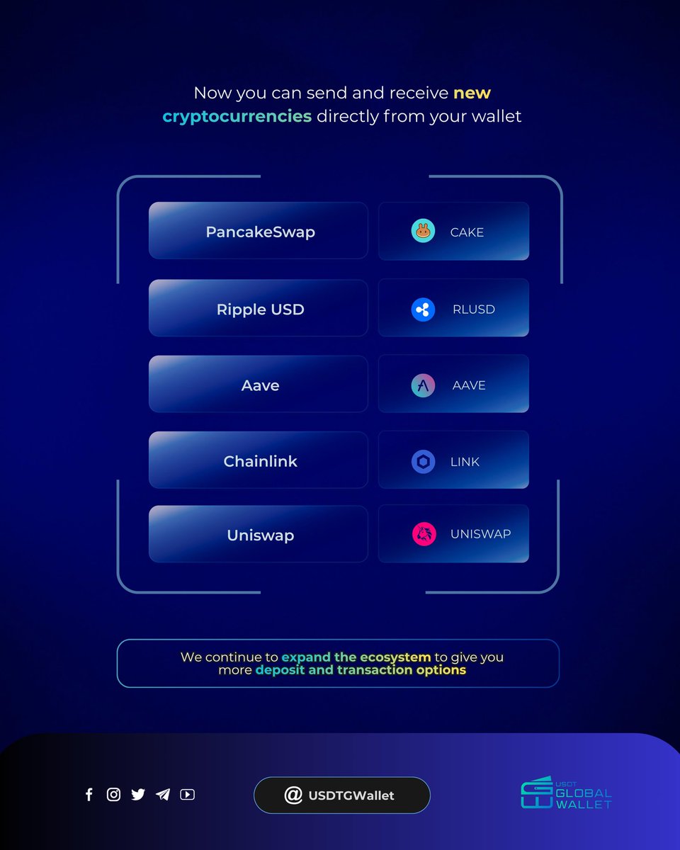 USDTGWallet's tweet photo. We keep growing!

G-Wallet is expanding you can now operate & deposit with new cryptocurrencies directly in your wallet for faster, more flexible transactions.

✅ More assets
✅ More connectivity
✅ More opportunities

Update your experience and start using the newly available cryptocurrencies today.

🔗 More info: https://t.co/JmtBQ8SHmD
📲 Official networks: https://t.co/7UzltjnQZG

#GWallet #CryptoWallet #Blockchain #CryptoNews #DeFi #DigitalAssets #Web3 #CryptoCommunity #Innovation #Fintech