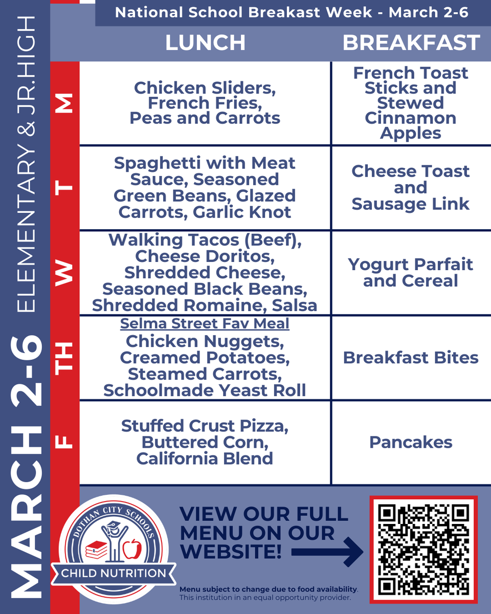 Lunchtime fun awaits at our cafeterias! See you soon, scholars! 🍽️👩‍🎓👨‍🎓

Please see our complete menu on our website: dothan.k12.al.us/departments/ch…

*Menus are subject to change due to supply chain issues. Thank you for your patience and understanding!

<a href="/DCSdothan/">Dothan City Schools</a> #lovedothan #DothanAL
