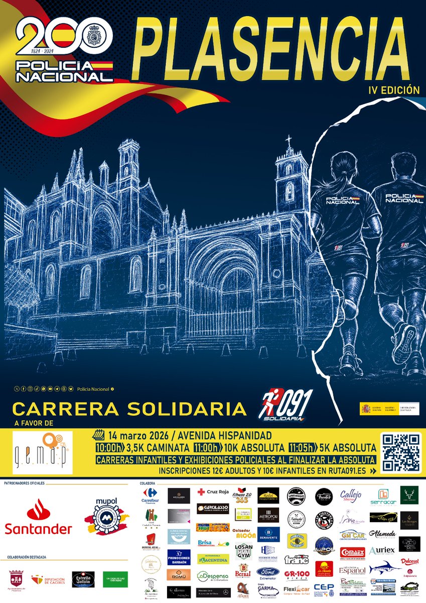 policia's tweet image. 🚓#Plasencia, el próximo 14 de marzo nuestro servicio será… a golpe de zancada 👟

🕙 10:00 h
📍 Avda. Hispanidad (Parque de los Pinos)
🏃‍♂️ 3,5 km solidarios

A favor de #GEMAP 💙

¿Te unes? Porque cuando corremos juntos… llegamos más lejos

#Ruta091 
@santander_es 
@polimupol