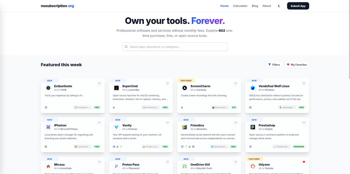Busquen, naveguen, investiguen con paciencia que ya hay más de 600 herramientas publicadas (y creciendo cada día) para que reemplecen sus suscripciones con software y servicios gratuitos o de pago único.
nosubscription.org