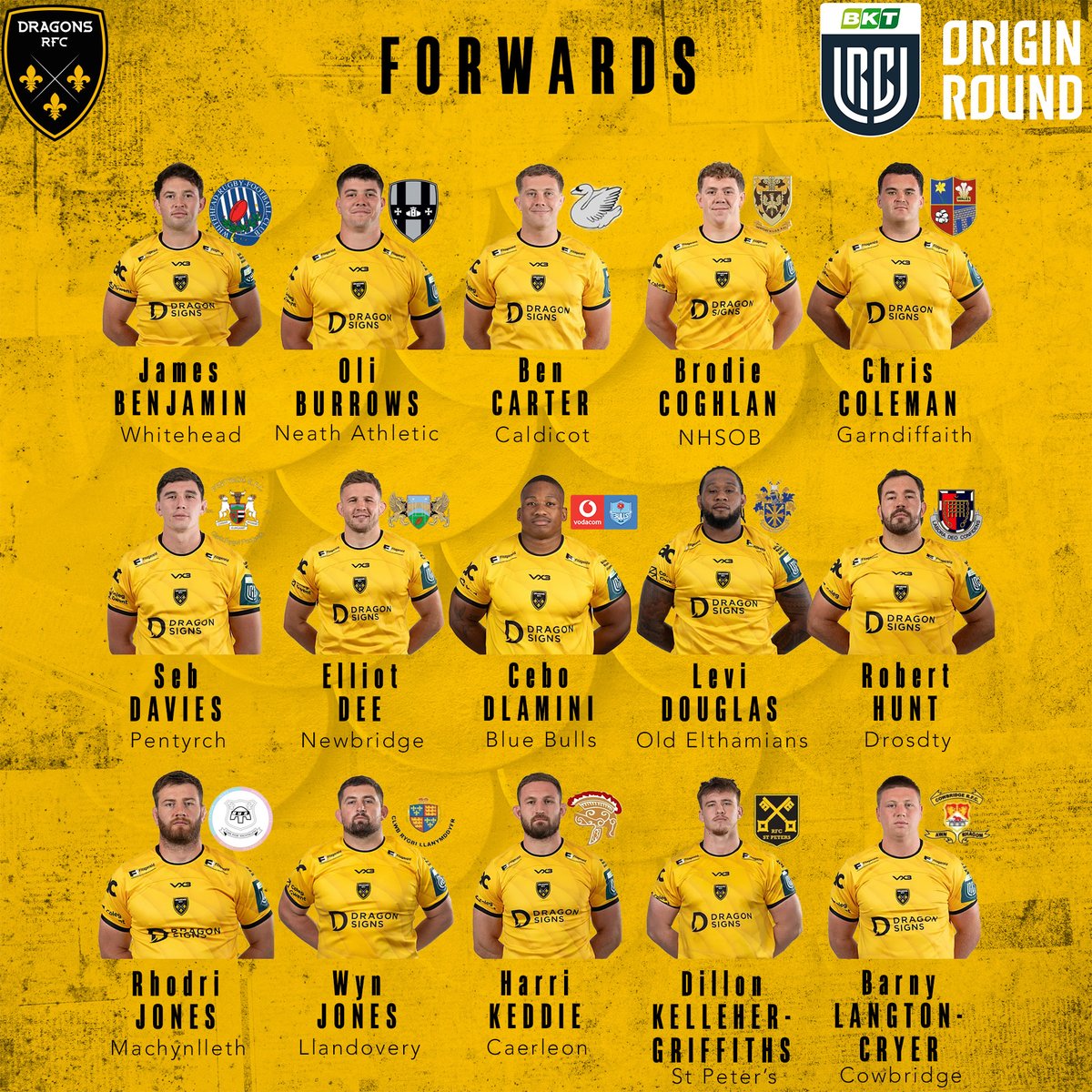 dragonsrfc's tweet photo. 🏉 𝗢𝗥𝗜𝗚𝗜𝗡 𝗥𝗢𝗨𝗡𝗗 | Your full Dragons RFC squad and all their home clubs as we celebrate @URCOfficial's Origin Round this weekend against Benetton.🐉

#WeAreGwentRugby #OriginRound https://t.co/dtqB32SxAs