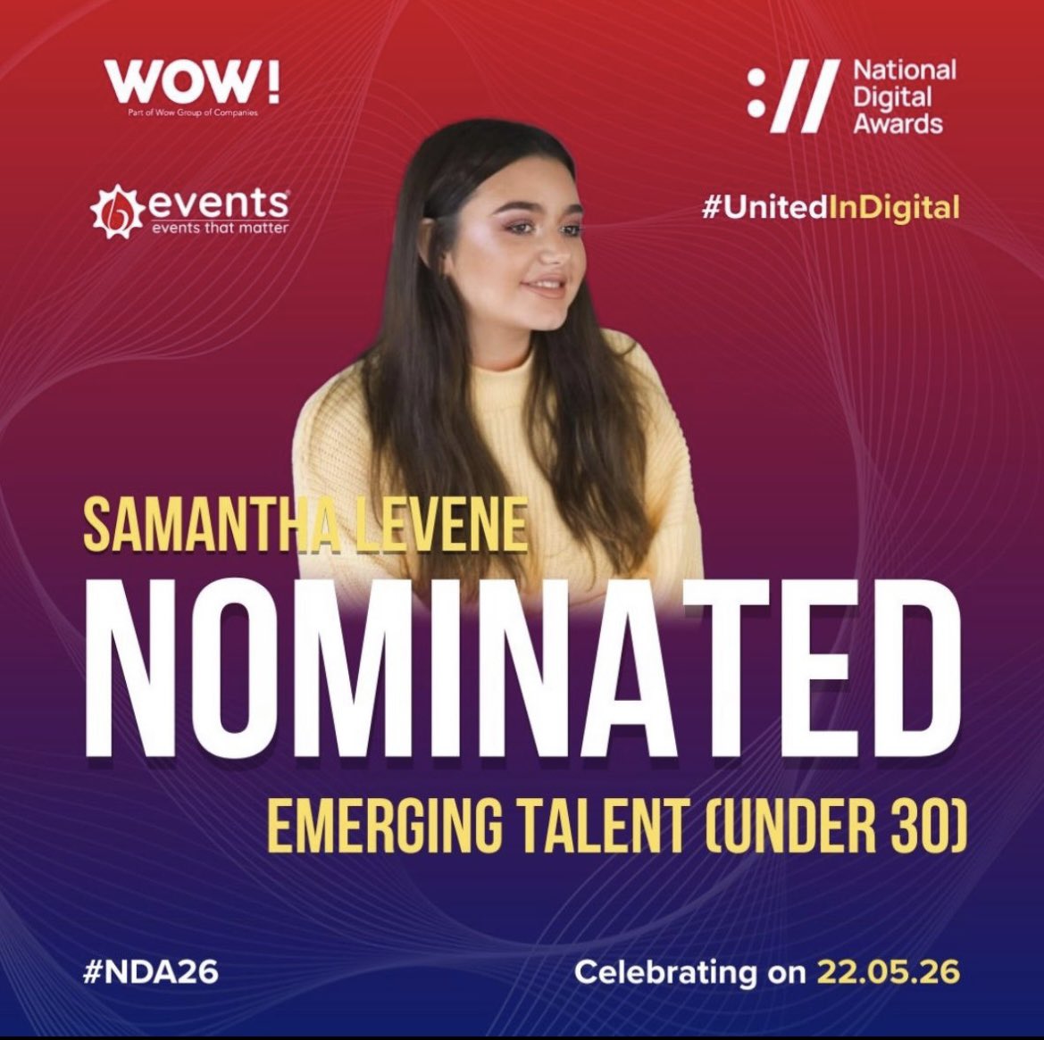 samlevenepr's tweet photo. So excited to be recognised as a nominee for the National Digital Awards for the Emerging Talent (Under 30) category ✨

Definitely a career highlight! https://t.co/ftAcJp8xuw