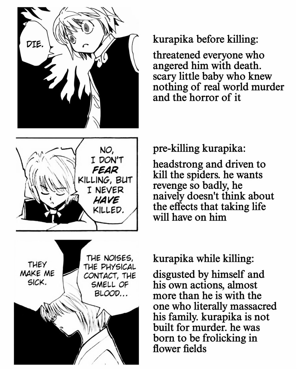 kuroxkura's tweet photo. kurapika’s character development. he realized he not built for this https://t.co/JV5Yjl73PE
