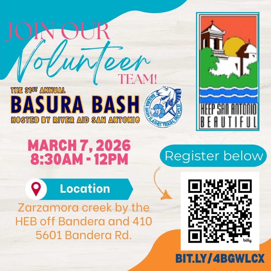 KSABeautiful's tweet photo. Join Keep San Antonio Beautiful, in partnership with the @BasuraBash to cleanup the Zarzamora creek at the end of the H-E-B parking lot.  #CleanUp #BasuraBash https://t.co/QuJTcvoXh0