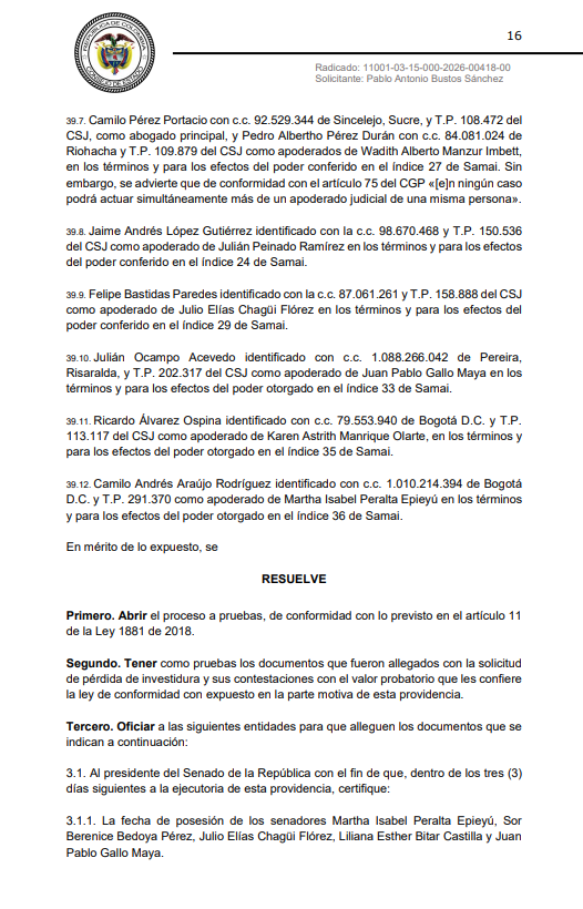 NoticiasRCN's tweet photo. .@NoticiasRCN conoció que el Consejo de Estado acaba de decretar pruebas por la solicitud de pérdida de investidura contra los congresistas salpicados en la UNGRD, entre esos, Martha Peralta, Sor Berenice Bedoya, Julio Elías Chagüi, Wadith Manzur, Julián Peinado. Entre las órdenes están testimonios de Luis Fernando Velasco, Olmedo López, Ricardo Bonilla y Diego Guevara.