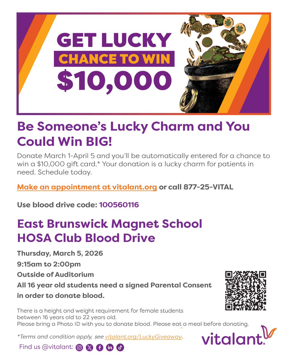 EBMagnetSchool's tweet image. The HOSA Club is hosting a #BloodDrive on Thurs. March 5, right here at the #EastBrunswickMagnetSchool !
Students and staff can sign up in the #HealthServices classroom, or at: tinyurl.com/w7br8dm7