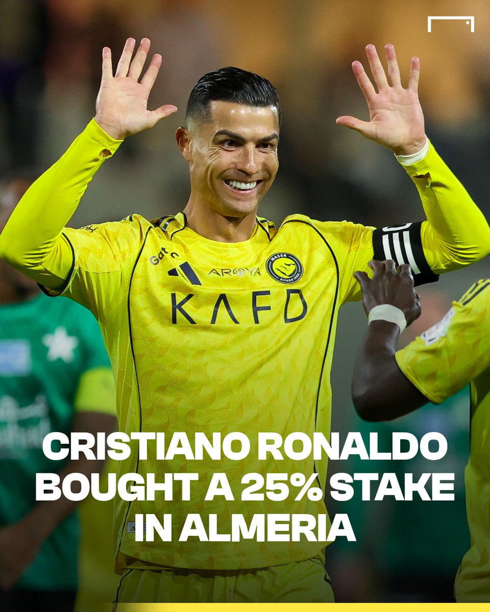 goal's tweet photo. Cristiano Ronaldo, through his company CR7 Sports Investments, has reportedly acquired a 25 percent stake in Almeria ✅️🙌 https://t.co/qub3CmIt1S
