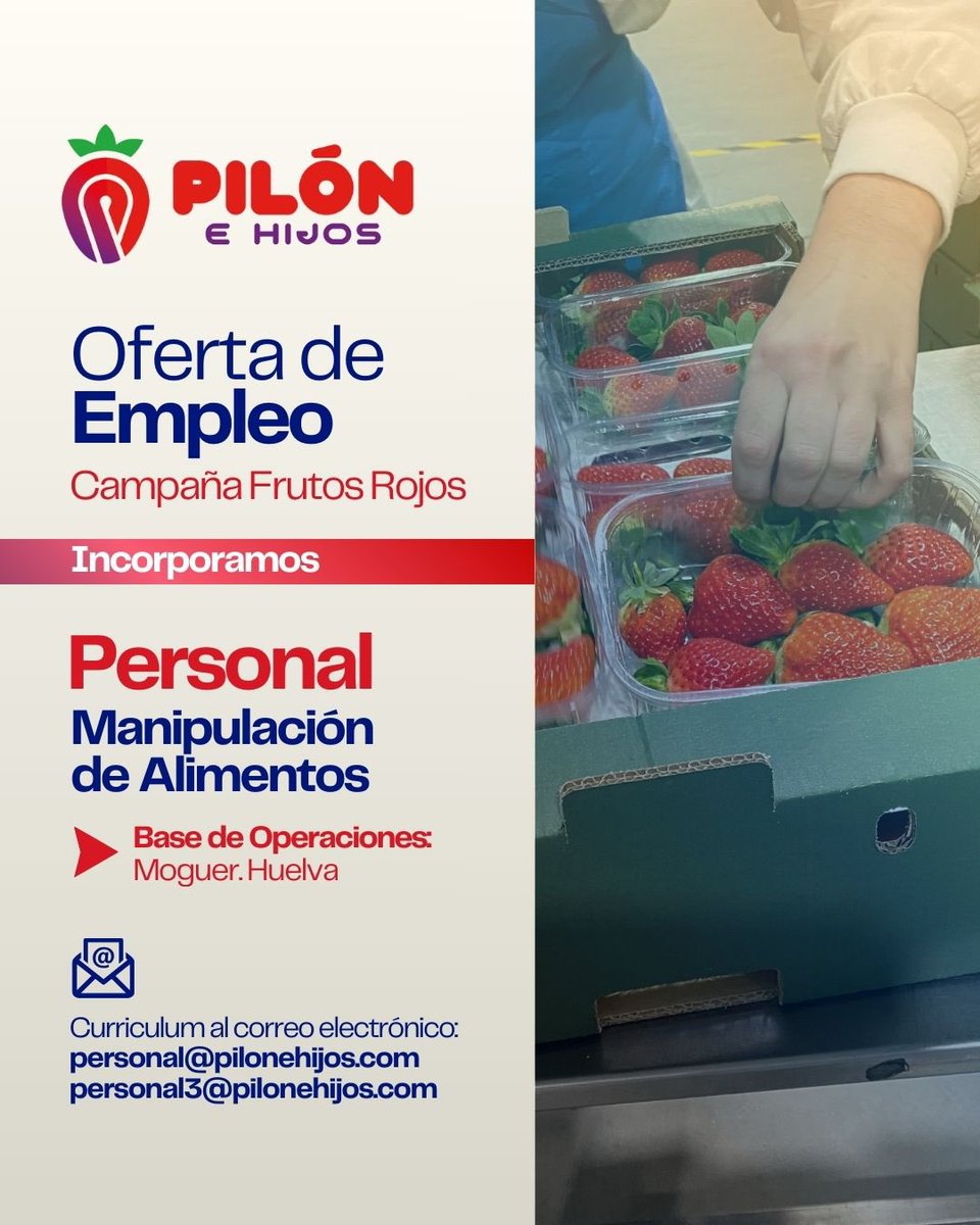 elpilonarm's tweet photo. Si buscas trabajo Pilón e Hijos te ofrece incorporarte a nuestras instalaciones de frutos rojos situadas en Moguer.

✅ Contratamos Personal para la Manipulación de Alimentos.

Si te interesa, envíanos tus currículum al mail personal@pilonehijos.com o personal3@pilonehijos.com https://t.co/lgRtu73rDL