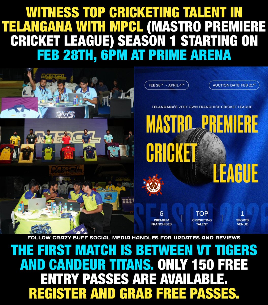 CrazyBuffOffl's tweet photo. MPCL Season 1 begins with
VT Tigers vs Candeur Titans
π
28th February | π 6 PM
π Prime Arena
Register now through the link below. https://t.co/BdGvmRSalb
#MPCL #MastroSports #OpeningMatch #HyderabadCricket #FranchiseCricket #LiveCricket https://t.co/Nr0R9NVSLB