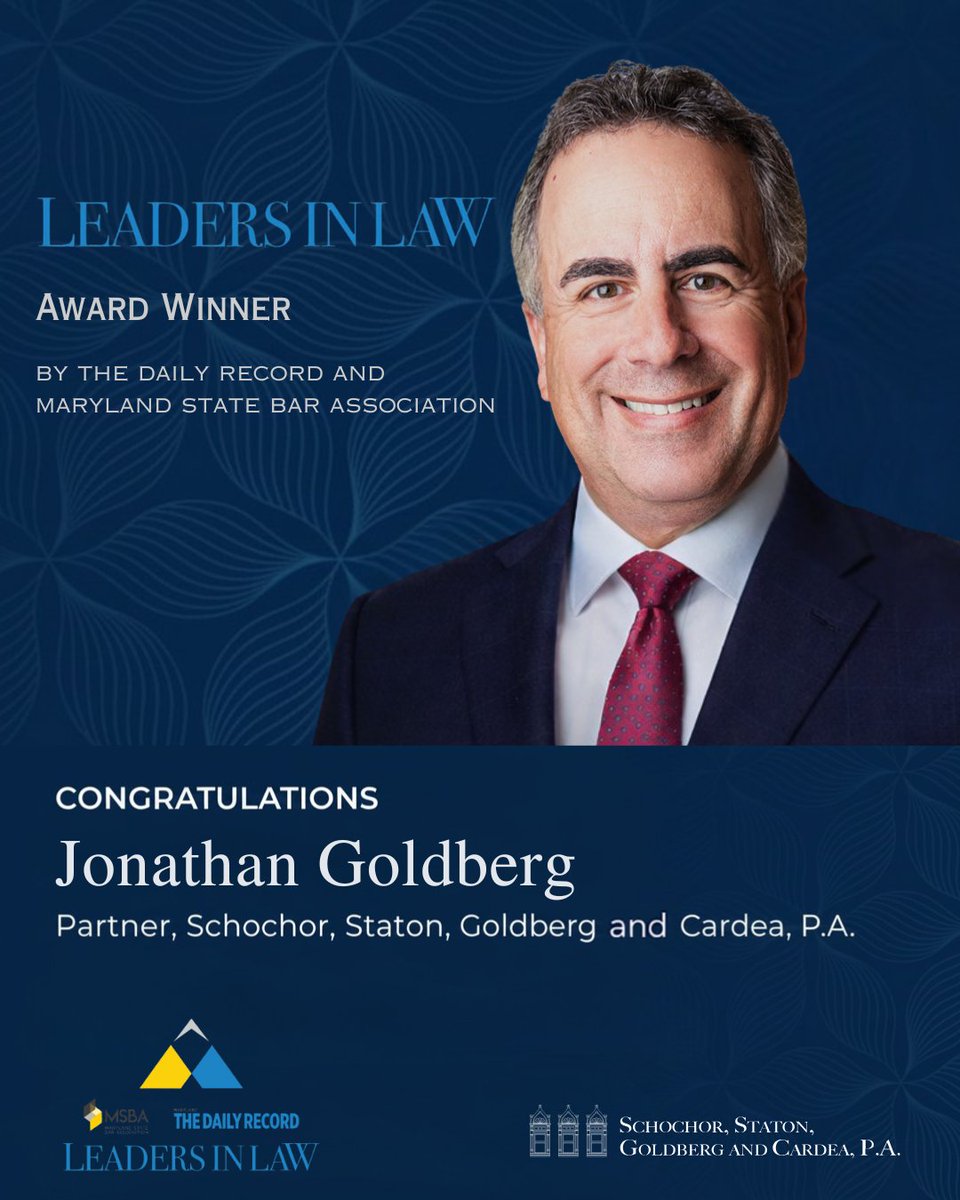 SSGC_Law's tweet photo. Congratulations to our partner Jonathan Goldberg on being honored as a 2026 Leaders in Law Award winner by The Daily Record and the Maryland State Bar Association.

This prestigious recognition highlights legal professionals who are not only serving their clients with excellence, but also strengthening businesses and communities across Maryland.

Jonathan’s leadership, dedication, and relentless advocacy on behalf of injured clients and their families reflect the core values of our firm. We are proud to see his work recognized at this level.

Congratulations, Jon!
.
.
.
.
#JonathanGoldberg #LeadersInLaw #DailyRecord #MarylandStateBar #MarylandLawyers #BaltimoreLaw
